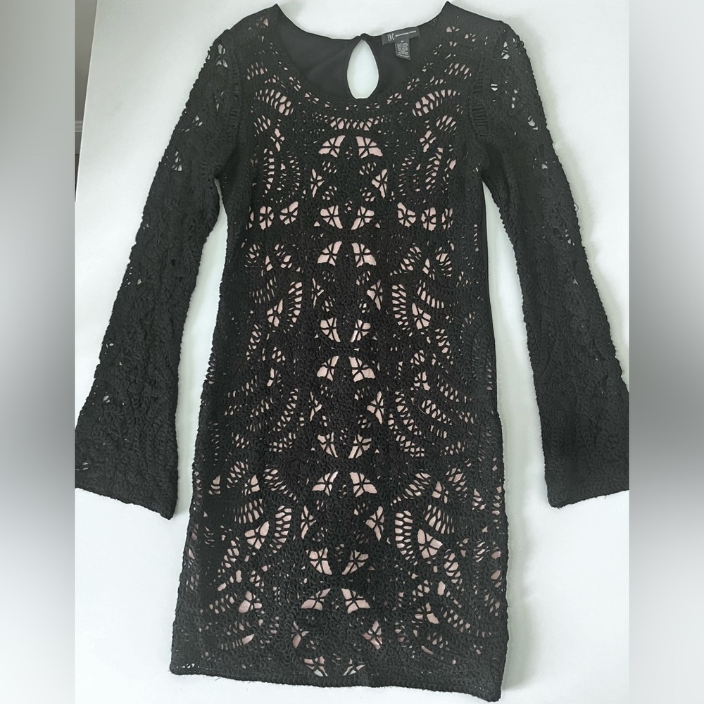 INC International Concepts Black Crochet Long Sleeve Boho Cottagecore Dress MED